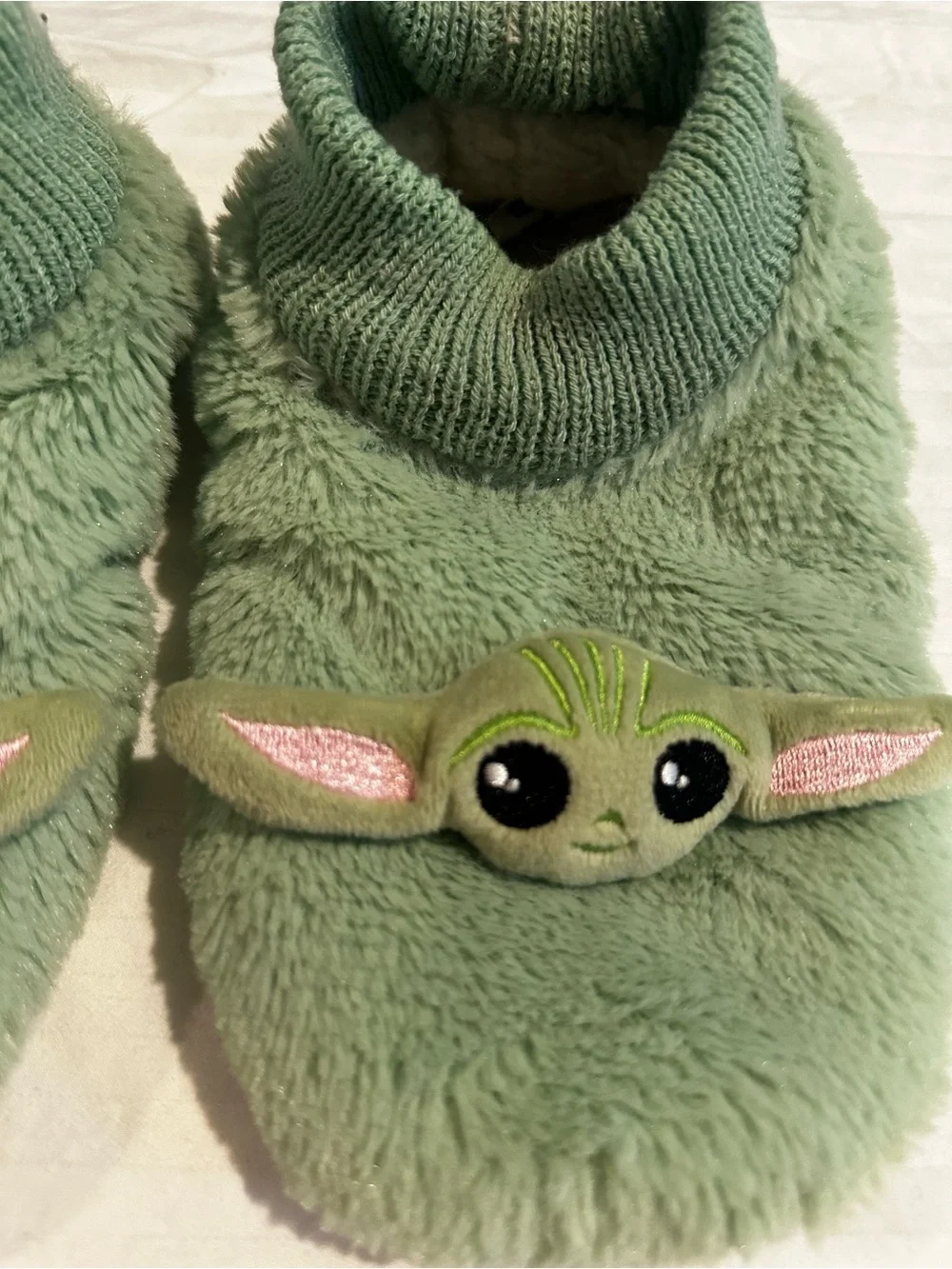 Baby Yoda LF Mint Green Plush Slip-On Slippers Socks with Knit Trim